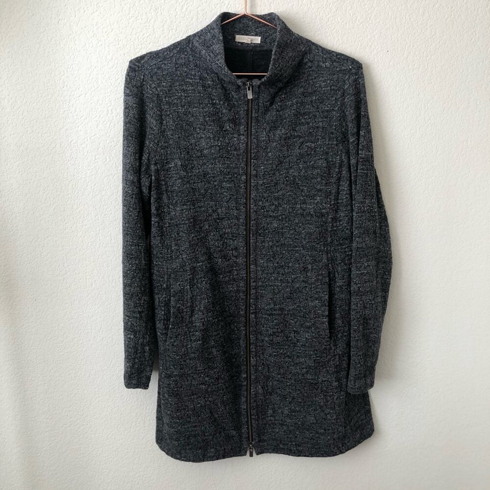 Eileen Fisher gray textured knit full zip high mock neck longline sweatshirt top